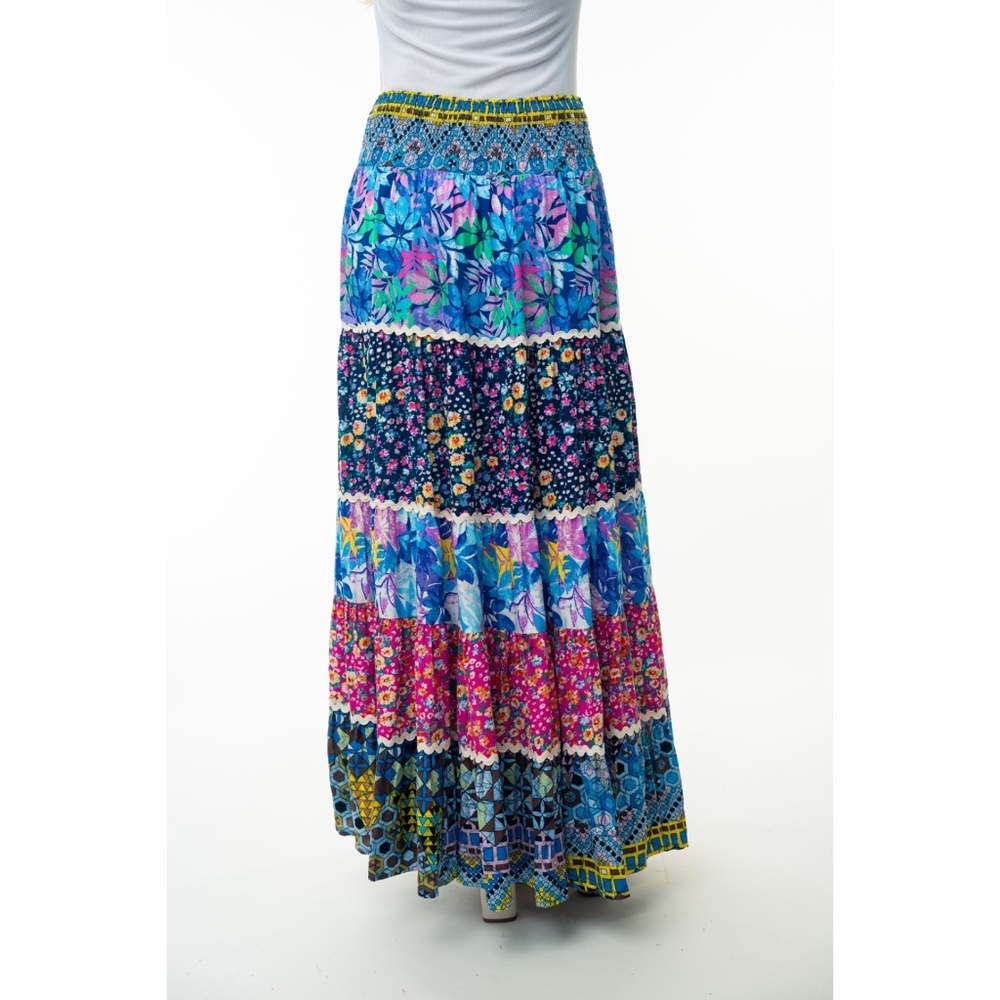 WHITE BIRCH Flower Patchwork Print Smocked Waist Tiered Maxi Skirt - Picture 4 of 10